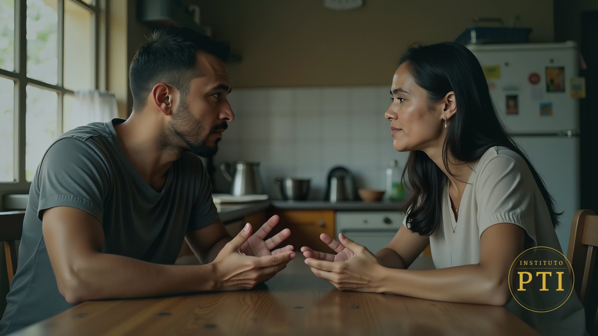 Pareja sentada frente a frente en la mesa de la cocina, con las manos abiertas en medio de una conversación que ya se ha repetido muchas veces, con la luz de la ventana de costado. Instituto PTI