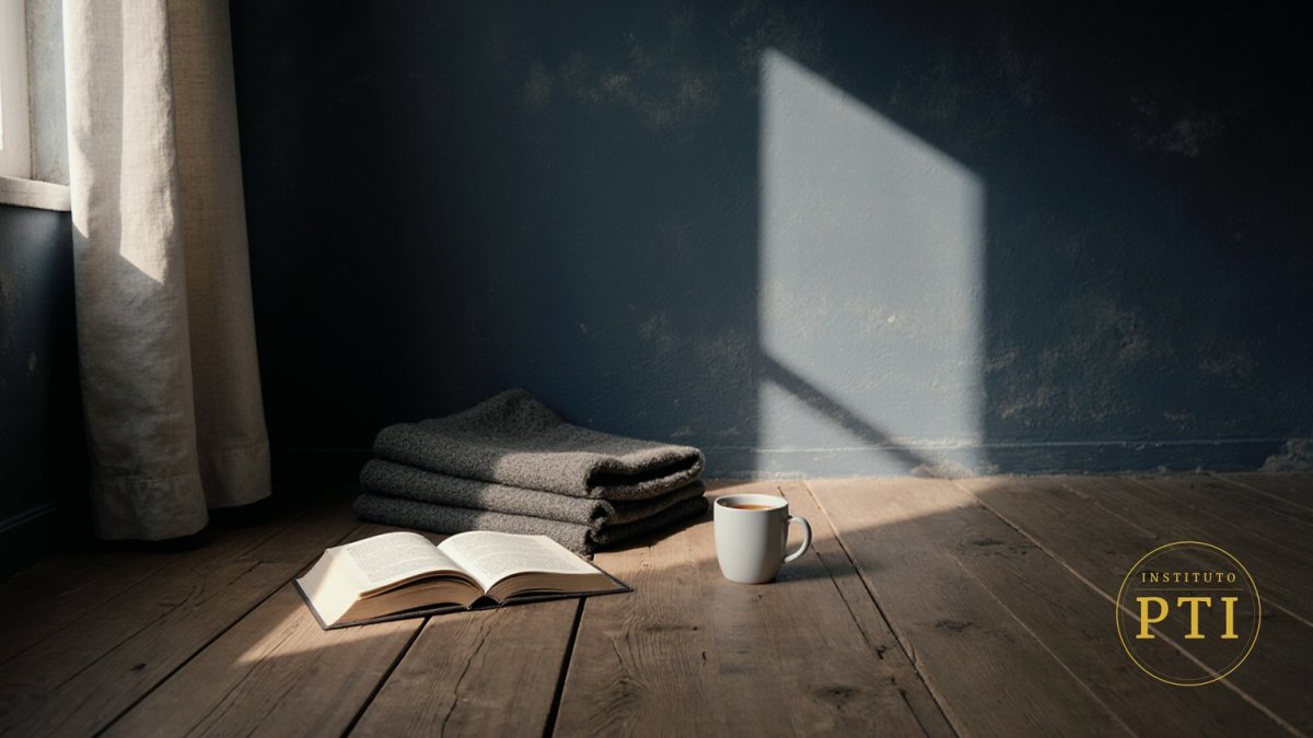 Sala vacía al amanecer con pared índigo, un libro abierto sobre el suelo de madera, una manta gris doblada y una taza de té fría junto a la ventana.