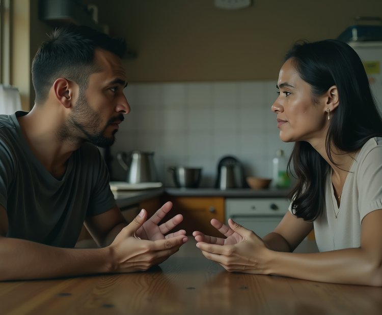 Pareja sentada frente a frente en la mesa de la cocina, con las manos abiertas en medio de una conversación que ya se ha repetido muchas veces, con la luz de la ventana de costado. Instituto PTI