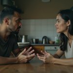 Pareja sentada frente a frente en la mesa de la cocina, con las manos abiertas en medio de una conversación que ya se ha repetido muchas veces, con la luz de la ventana de costado. Instituto PTI